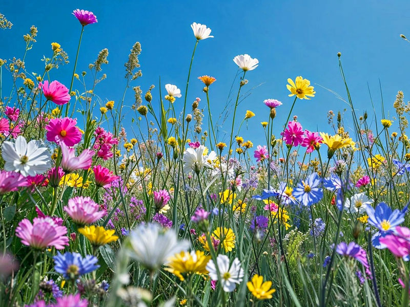 Blumenwiese mit Wildblumen aus der Froschperspektive